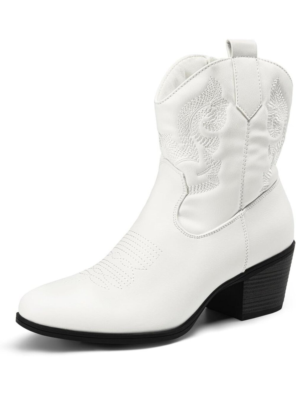Women's White Western Cowgirl Embroidered Ankle Boots Fashion Low Chunky Heel